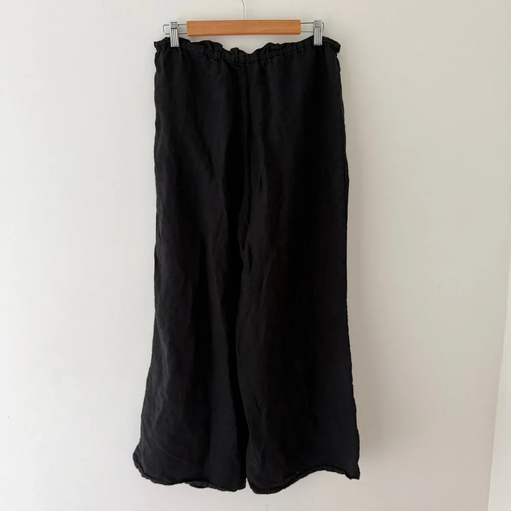 Zara 100% Linen Culotte Pants L Black Paperbag Waist Beaded Tie Boho Resort